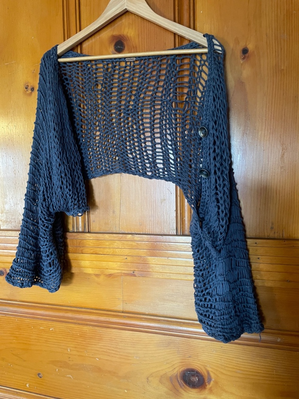 Free People Black Open-Knit Cropped Shrug with Button Details